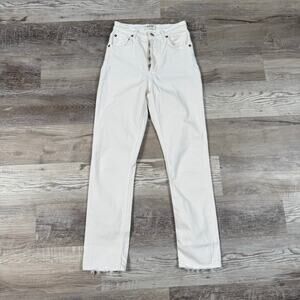 AGOLDE White Denim Jeans Riley Long High Rise Button Fly Raw Hem Minimalist 24